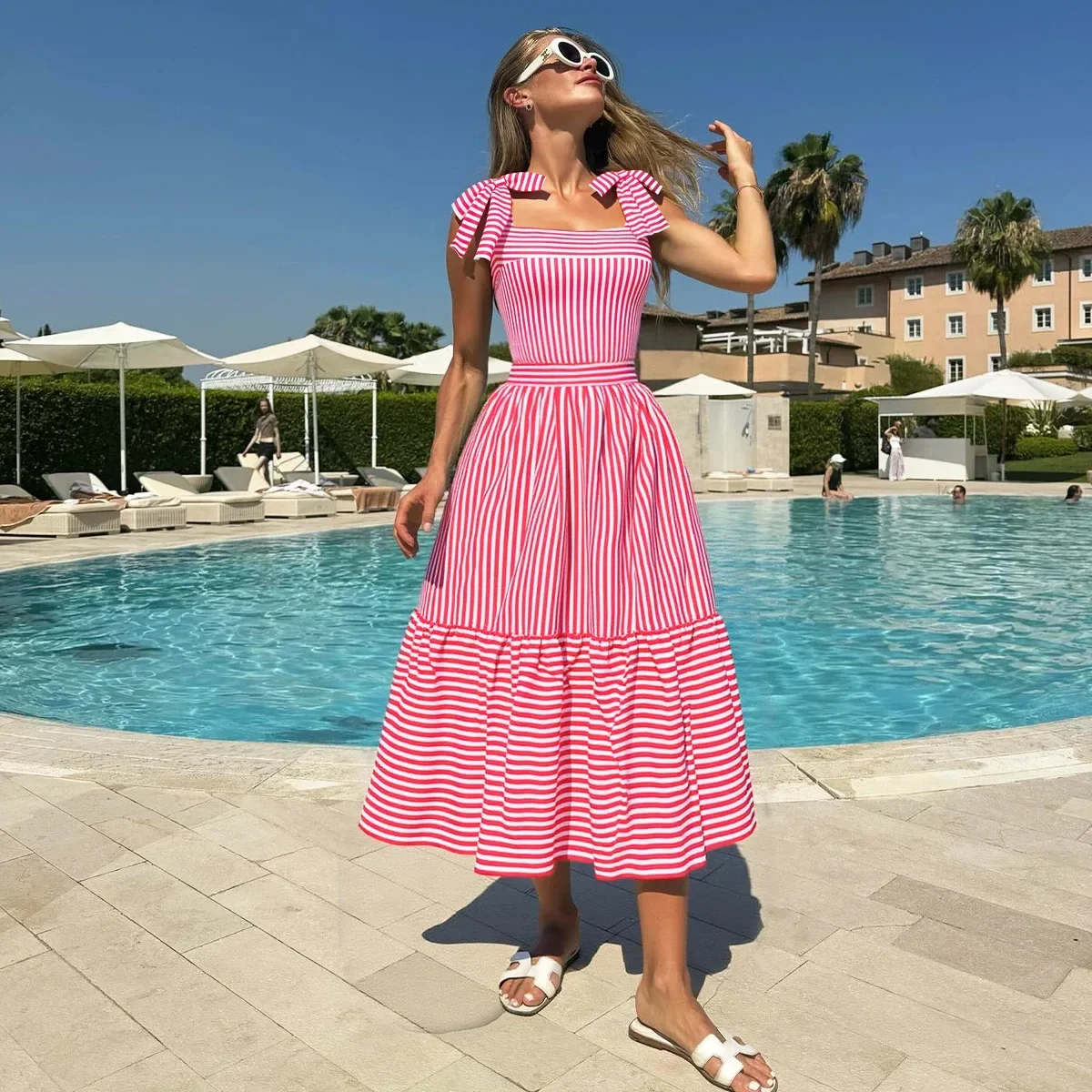 New Swimsuit Style Bow-Tie Straps Color Blocking Red and White Stripes One-Piece Swimsuit Maxi Dress Skirt for Beach Vacation