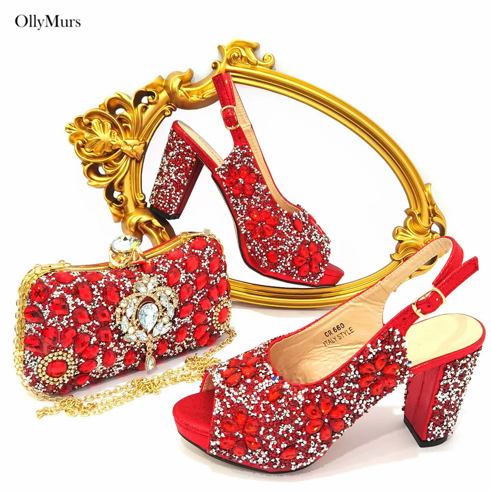 

New Design Red Color Woman Pumps Shoes And Bag Set African Summer Spike Heels Shoes And Bag Set For Party 6Colors Size 37-43