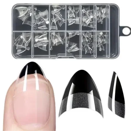 Prensa curta de amêndoa em unhas, preto e branco, micro pontas francesas, unhas falsas, 24 peças, 12 tamanhos, qualidade de salão, uso diário, cobertura completa