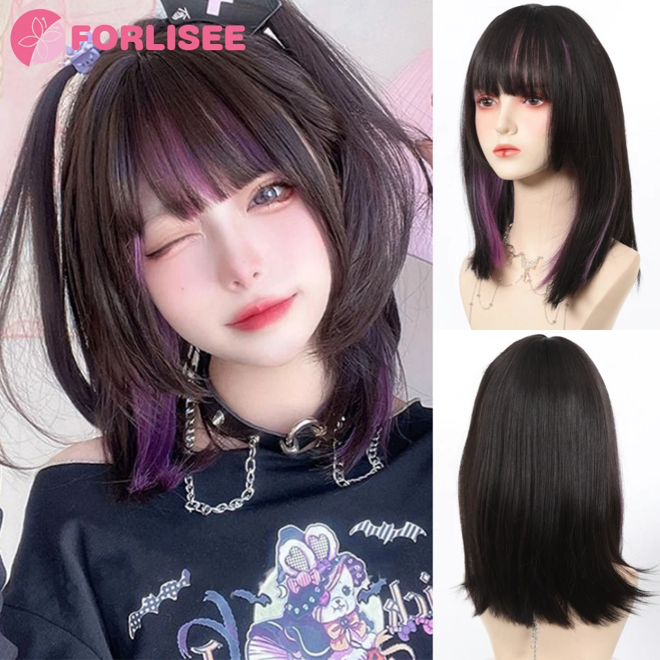 

FORLISEE Synthetic Bob Wigs With Bangs Layered Purple Natural Synthetic Hair For Women Daily Cosplay Heat Resistant Fiber
