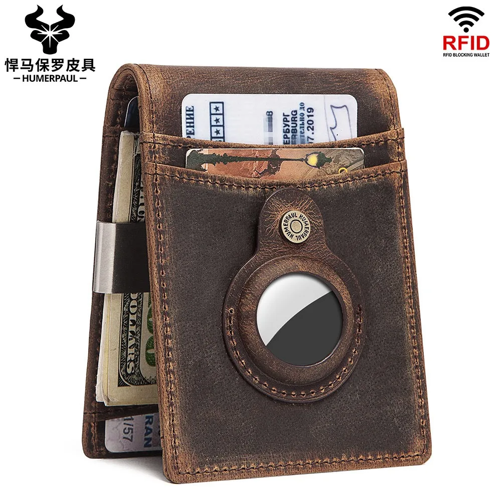

【Genuine Cow Leather】HUMERPAUL Brand Men's Wallet RFID First Layer Cowhide Card Holder AirTag Purse Money Clip