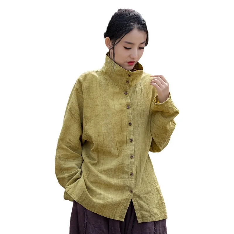 Winter Ramie Cotton Shirt: Tie-dye Loose-fit Semi-high Neck Original Chinese Style Cardigan