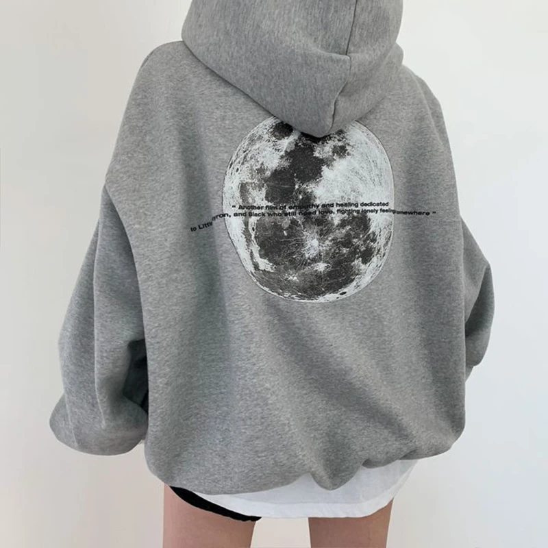 Gidyq Streetwear Women Sweatshirt American Style Fashion Moon Print Loose Hoodies Autumn Casual Female Thick Warm Coat New