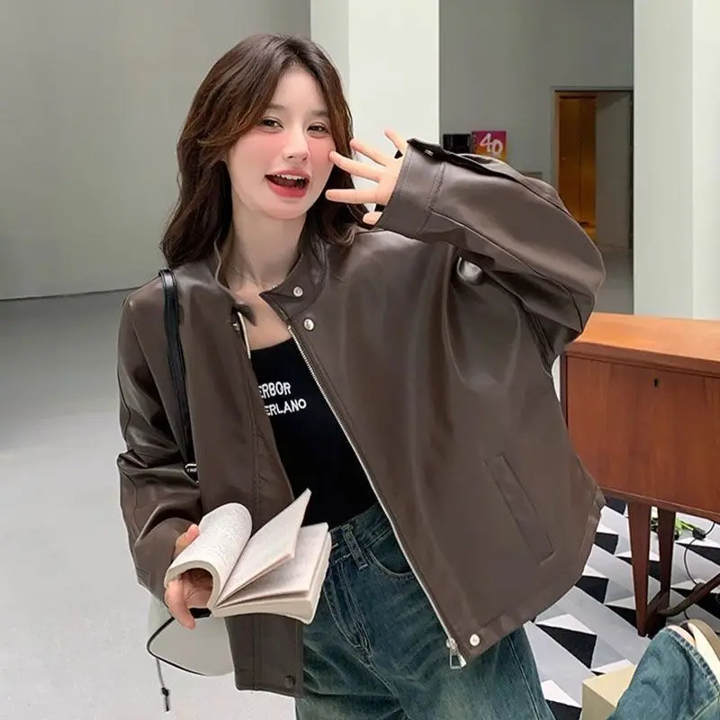 Café Brown Short Leather Jacket Women's Biker Style American Retro Thick Synthetic Leather Ultra Short Length No Brand