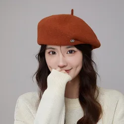 New Fashion Winter Wool Beret For Women Warm Hat Female Autumn Solid Color Cap With Label Outdoor Boina Party Gift Wholesale