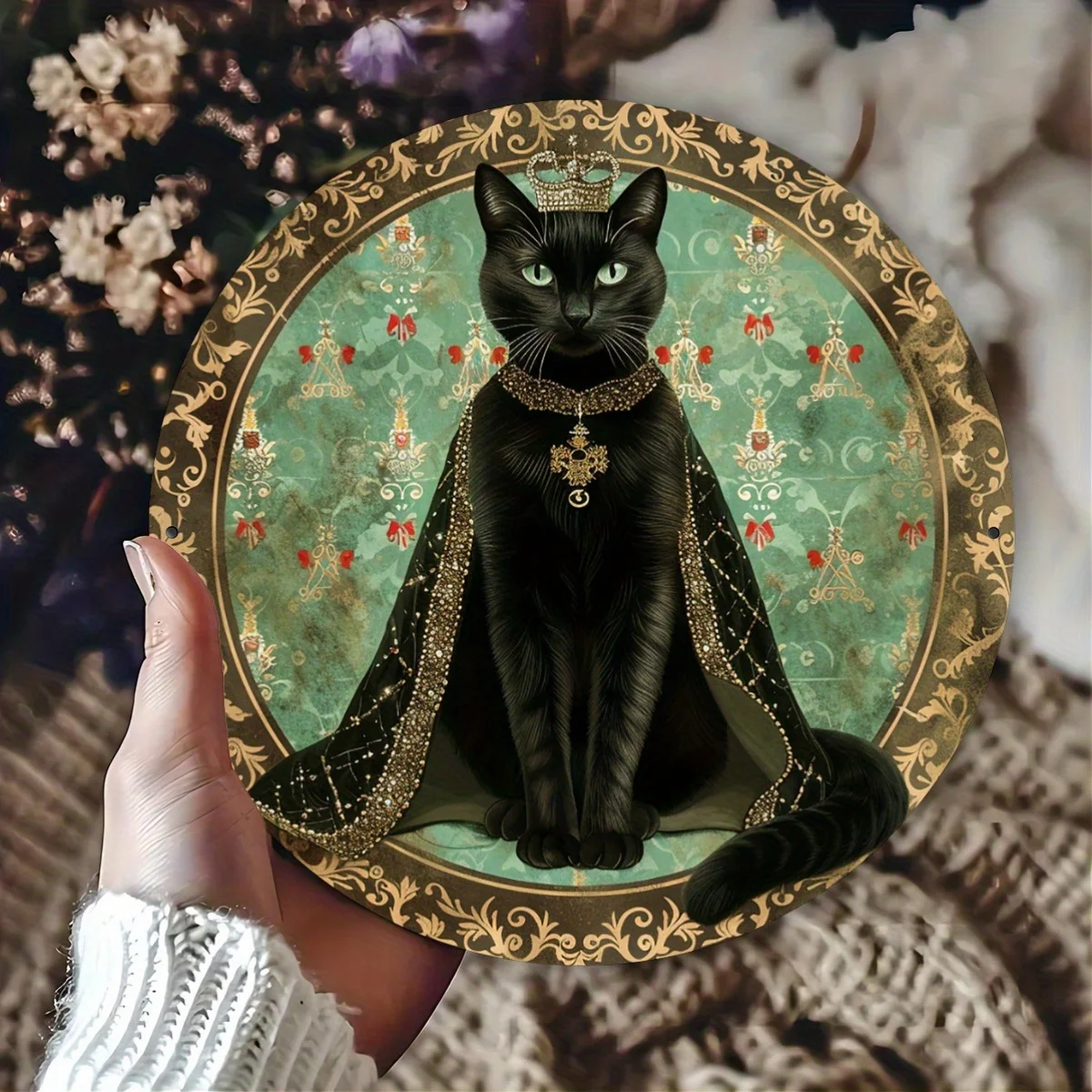 1pc Vintage Cat in Crown Aluminum Sign - 8x8 Inch, Pewter Painted Metal Wall Art, Indoor/Outdoor Decor for Home, Restaurant, Caf