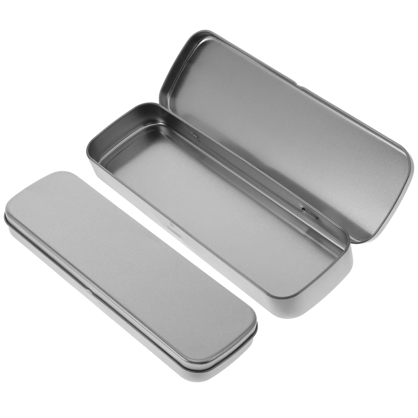 2 Pcs Silver Gray Tinplate Stationery Box Long Rectangle Matte Window Metal Pencil Case Bulk Empty Holder Pouch School Supplies