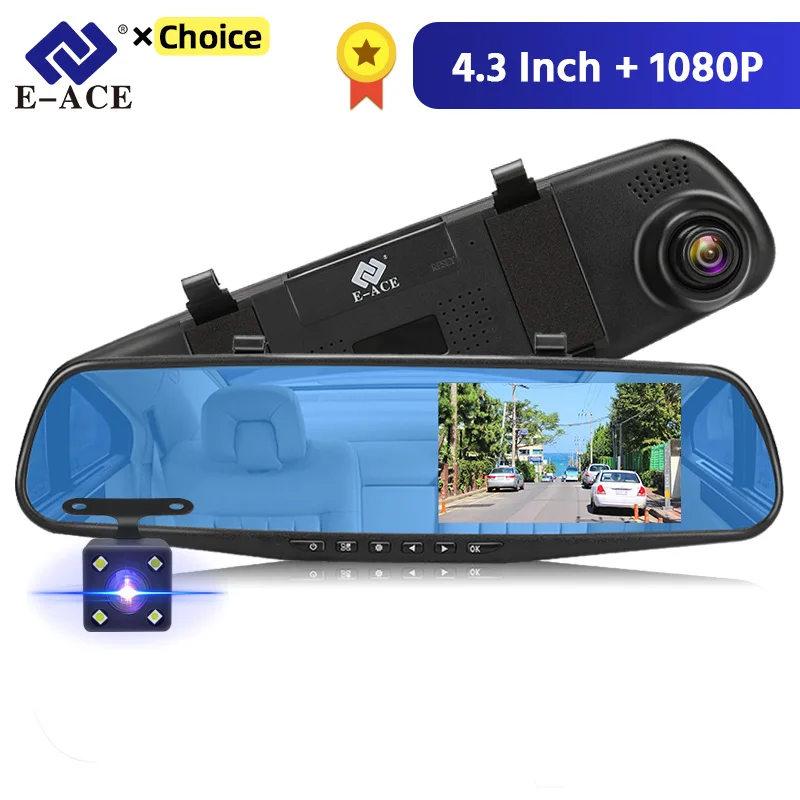 E-ACE Dashcam Car Dvr 4.3 Inch Mirror FHD 1080P Camera Opcjonalny podwójny obiektyw DVR Lusterko wsteczne Kamera samochodowa Rejestrator wideo Auto