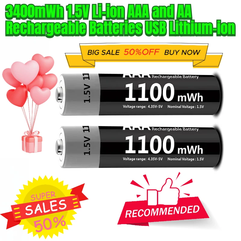 

3400mWh 1.5V Li-ion AAA and AA Rechargeable Batteries USB Lithium-ion AA Rechargeable Batteries+1100mWh 1.5V AAA Battery