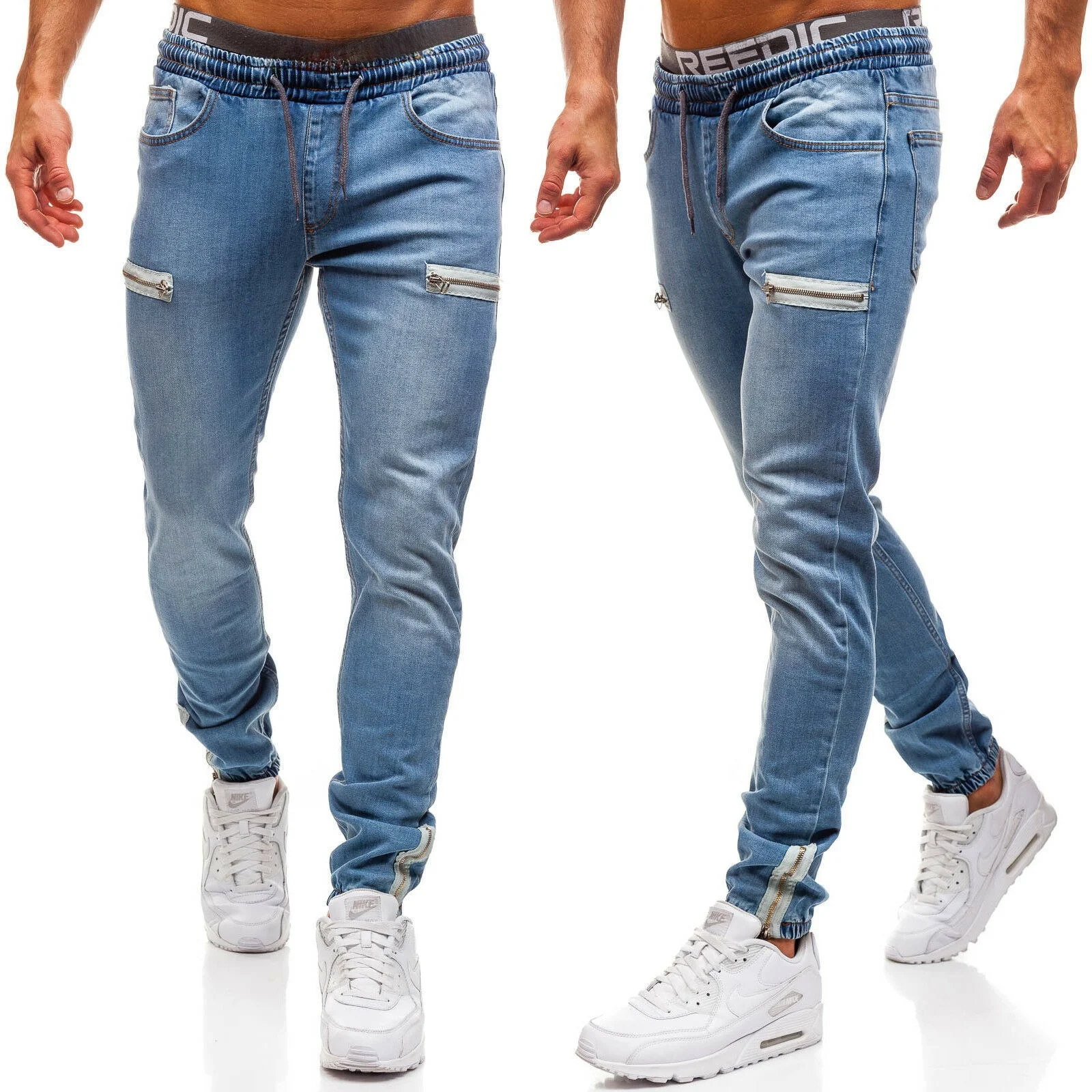 

Casual Men's Jeans Sporty Zipper Design Faded Finish Slim Fit Cross-Border Southeast Asia mid Waist Long Pants Water Washed