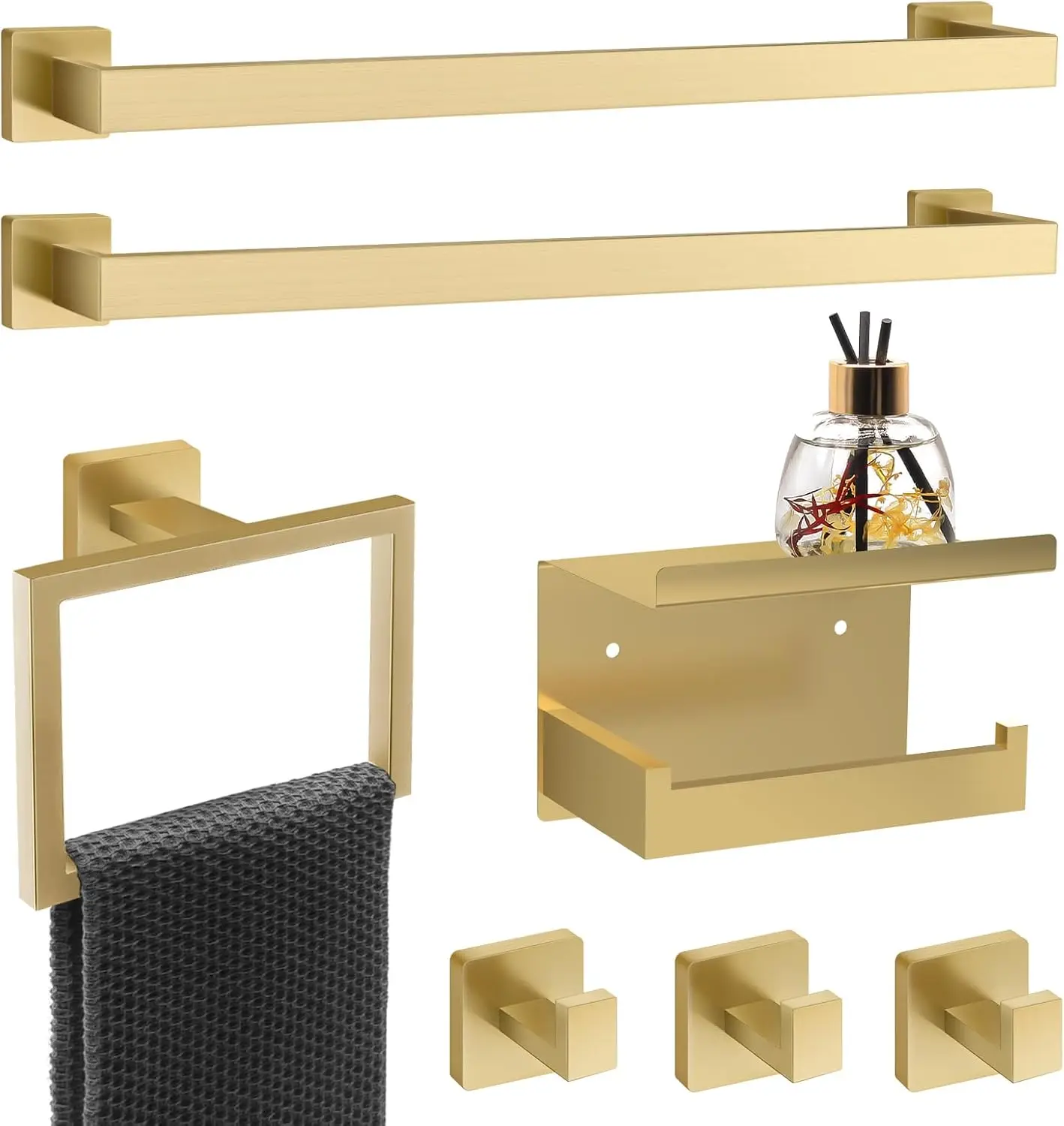 

7-Piece Gold Bathroom Hardware Set with Towel Bars, Toilet Paper Holder, and Hooks - Stainless Steel 23-Inch