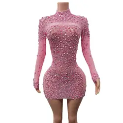 Sexy Dance Pink Dress Performance Sparkly Pink Rhinestones Dress Women Evening Birthday Celebrate Party Outfit 2025 Cuixing
