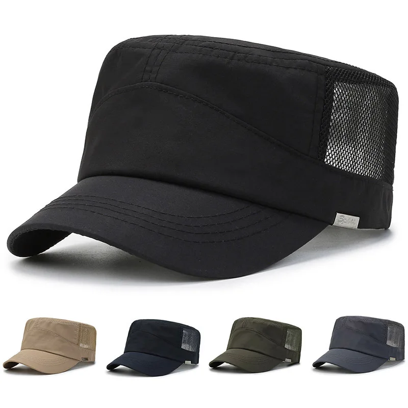 Flat Top Cap Sun Protection Military Style Breathable Mesh Cadet Hat Fishing Hiking Quick Dry Men Summer Outdoor Casual Brim Hat