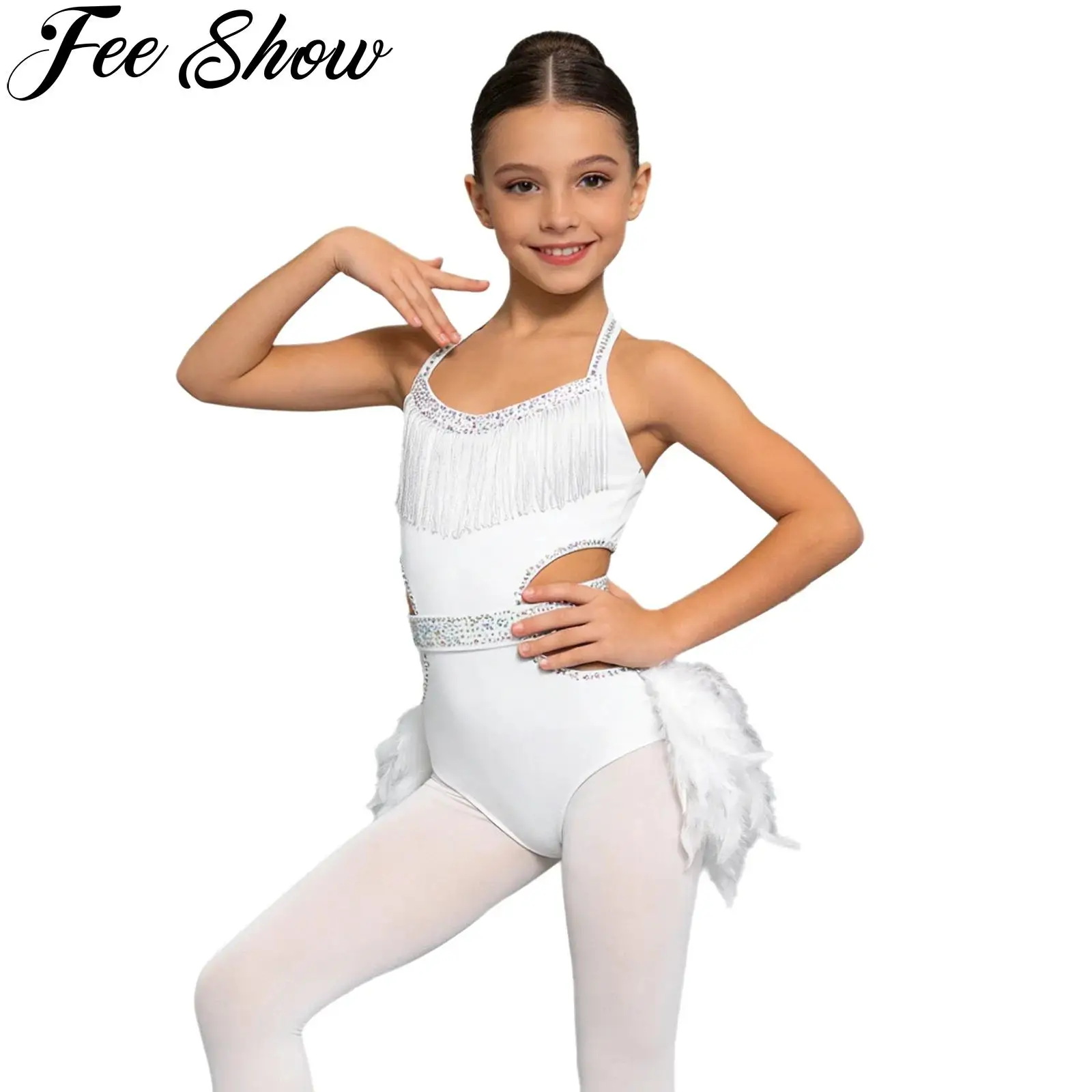 Kids Girls Latin Jazz Dance Tango Salsa Skating Gymnastics Costume Halter Sleeveless Cutout Rhinestones Feather Skirted Leotard