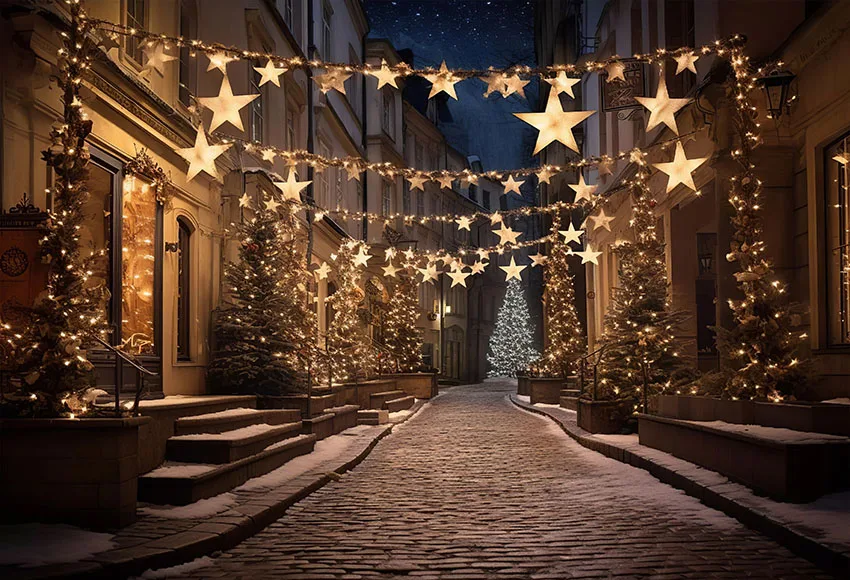 Mehofond Christmas City Street Backdrop Photography Winter Snow Golden Star Lights House Outdoor Kids Portrait Photo Background