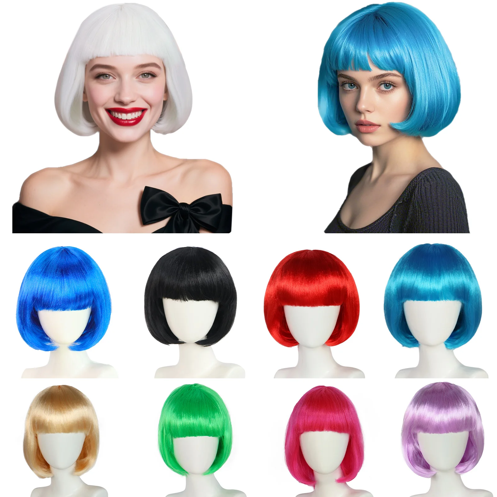 

Colorful short Bob bangs wig, synthetic cosplay wig Rainbow wig for Halloween Women Girl Dress Up Wig