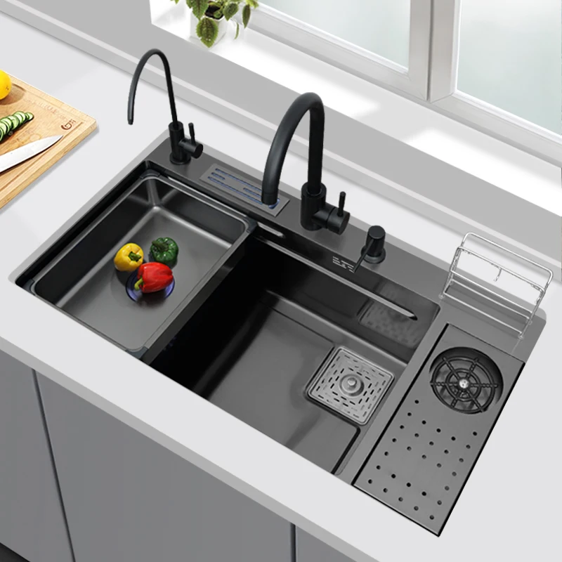 Black multifunctional sink with cup washer, large single slot, under the table basin, 304 stainless steel vegetable washing