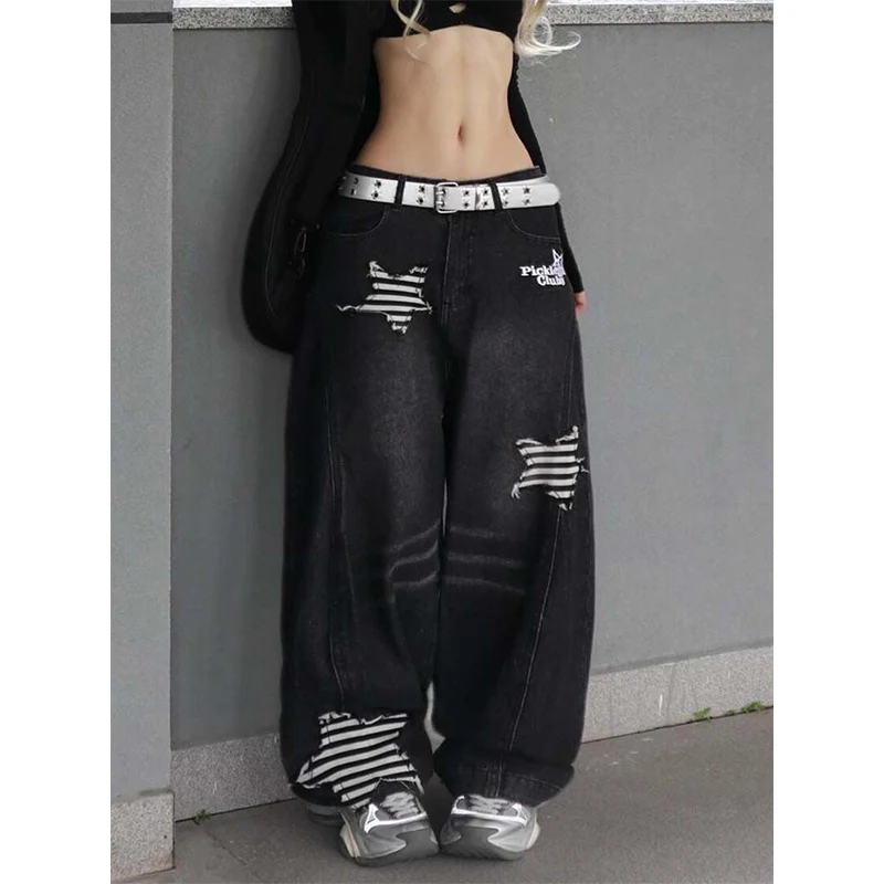 Women Black Baggy Cargo Jeans Harajuku Y2k 90s Aesthetic High Waist Denim Trouser 2000s Oversize Jean Pants Vintage Clothes