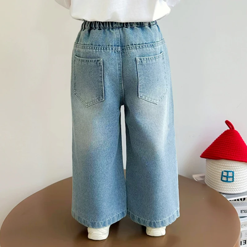 IENENS Girl Jeans Korean Straight Wide Leg Denim Pants Spring Autumn Kids Clothes Fashion Embroidery Dog Trousers 2-6Y