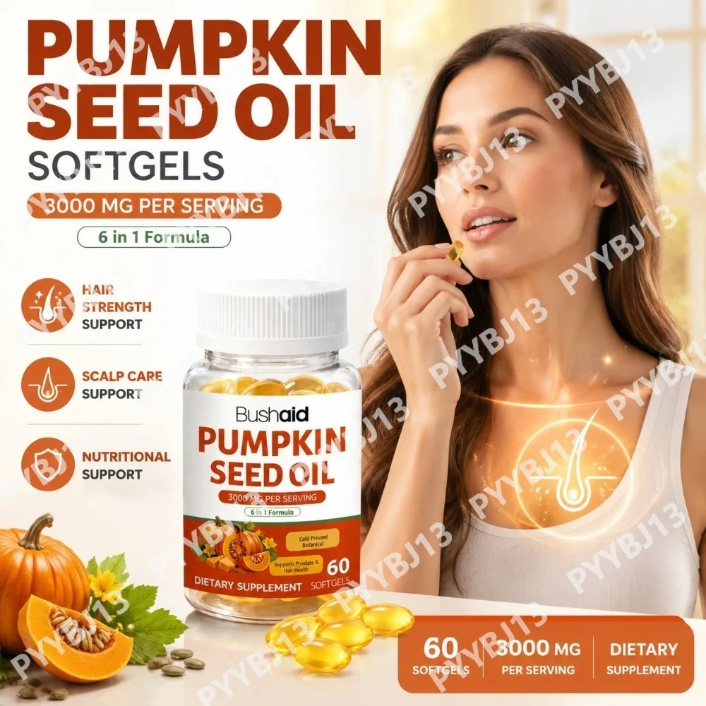 BushAid Pumpkin Seed Oil Softgels with Saw Palmetto Nettle Root, Biotin, Zinc and Vitamin D3, Daily Wellness Support 60 Softgels