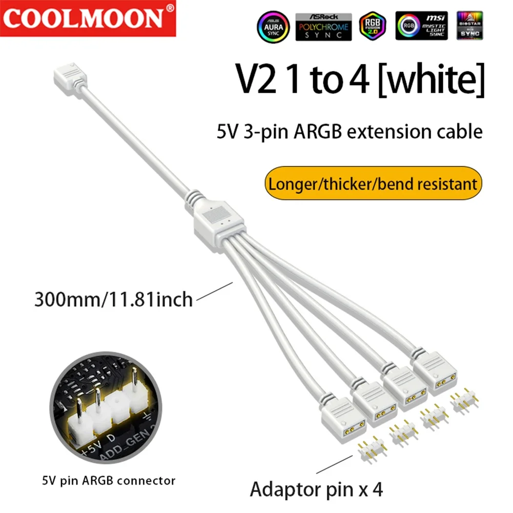 COOLMOON 5V 3PIN ARGB Splitter 1 To 2/3/4 Mainboard ARGB Extension Cable Resistant Extension Fan Connector for CPU Fan PC Case