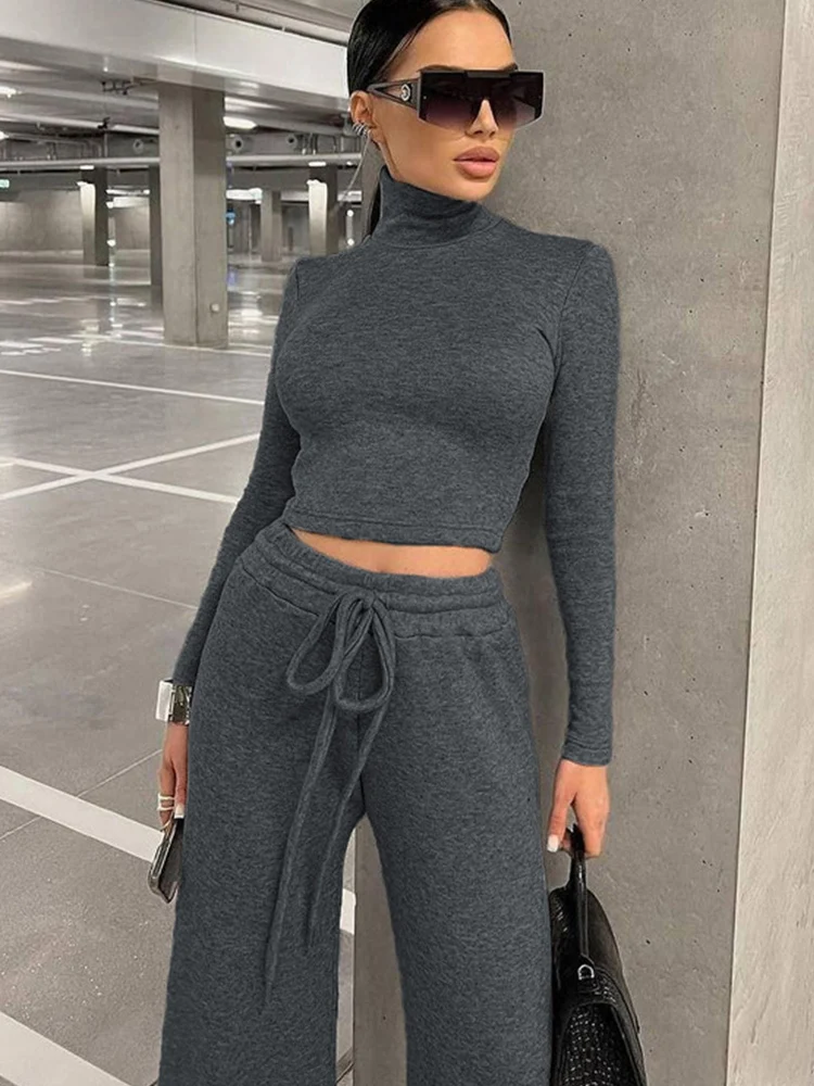 

Mueyaruho 2023 Women Autumn Winter Sweatsuit Tracksuit Sets Bodycon Slim Outfits Solid Grey 2 Two Piece Pant Set Suit Female