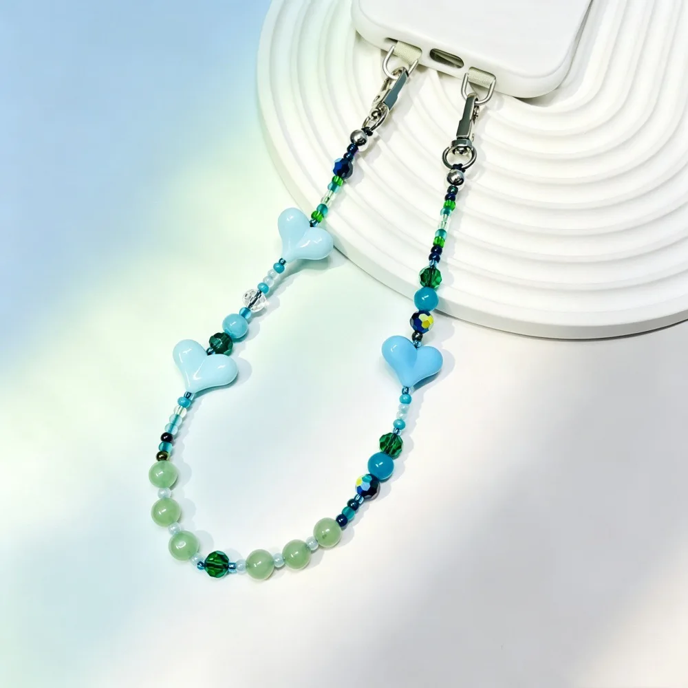 HERLOOK Aesthetic Handmade Heart Beaded Phone Charm Blue Green Crystal Natural Stone Mobile Phone Lanyard for Cell Phone Decor