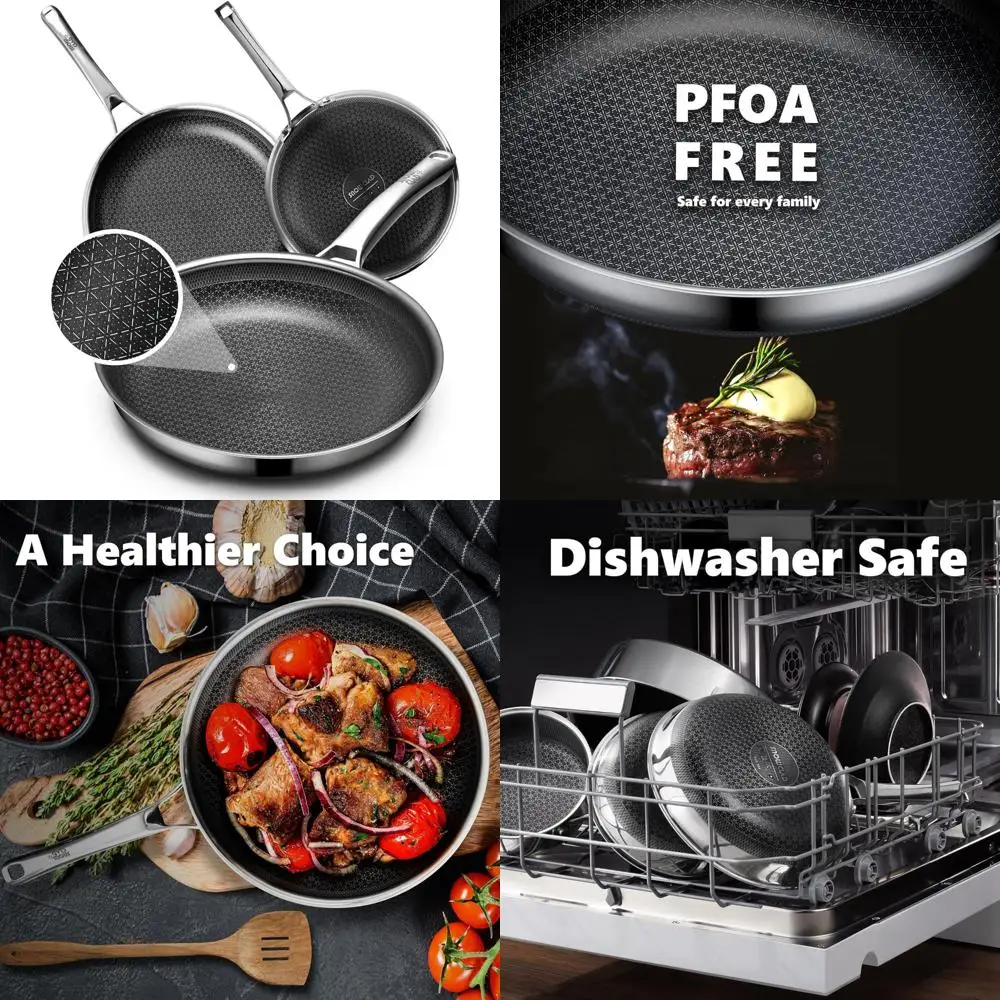 

Набор гибридных сковородок с антипригарным покрытием, посуда из 3 предметов со сковородами 8, 10 и 12 дюймов, кухонная утварь из нержавеющей стали без PFOA, идеально подходит