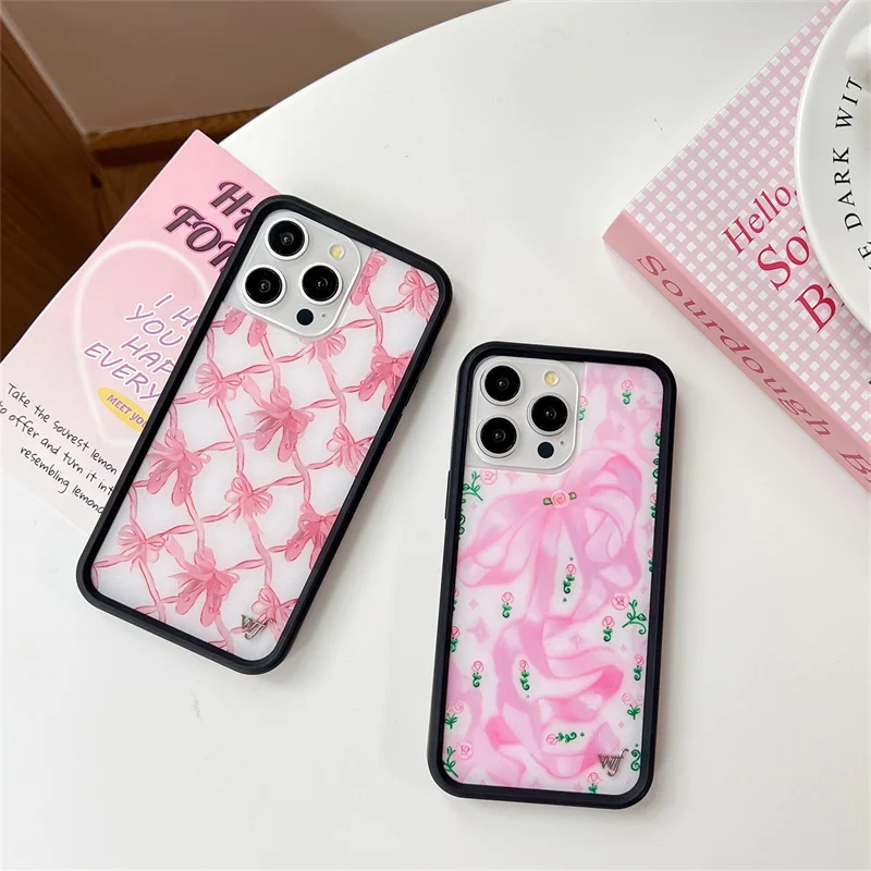 Wildflower Ins 3D Cartoon Girls Bow Pink Case For iPhone 15 14 13 Pro Max Cute WF Shockproof Protective Matte Back Cover Funda