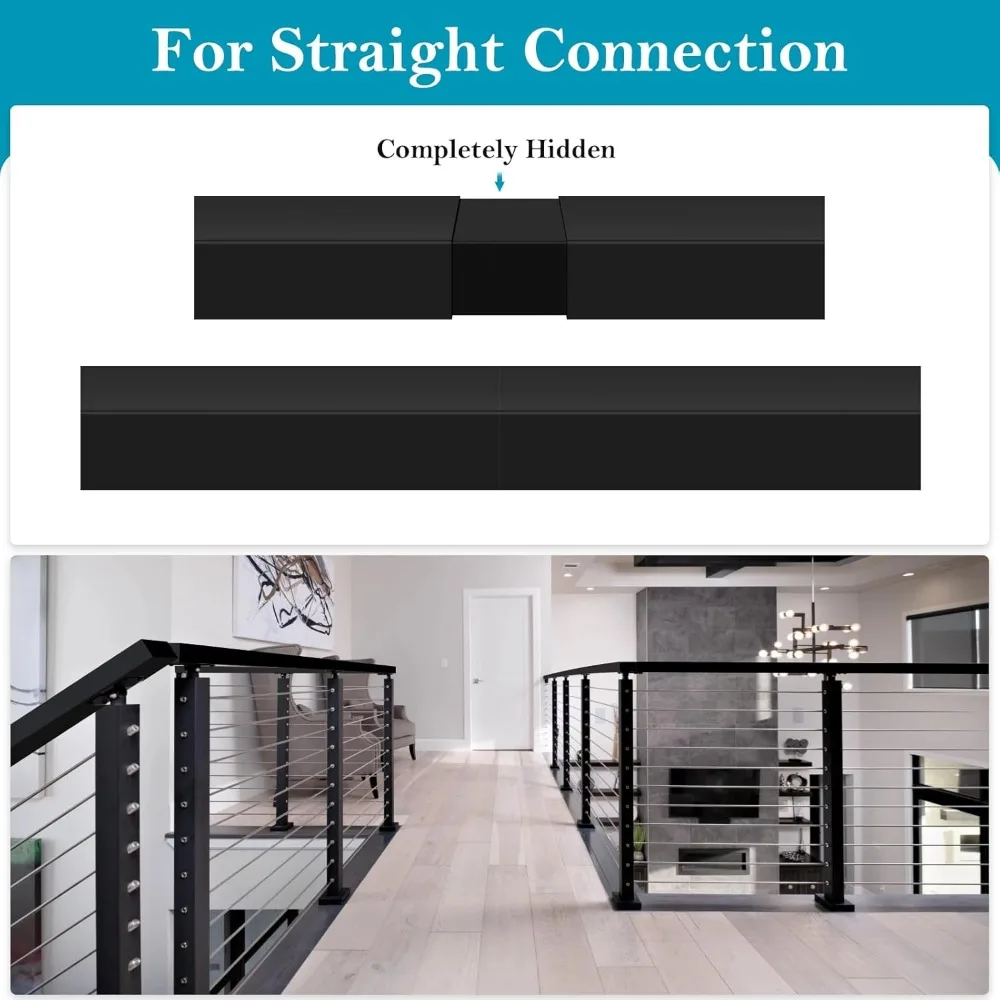 Black Extension Connectors for Stainless Steel Flat Handrails - Rectangular Rail Fittings for Top Cable Railing Systems, High St
