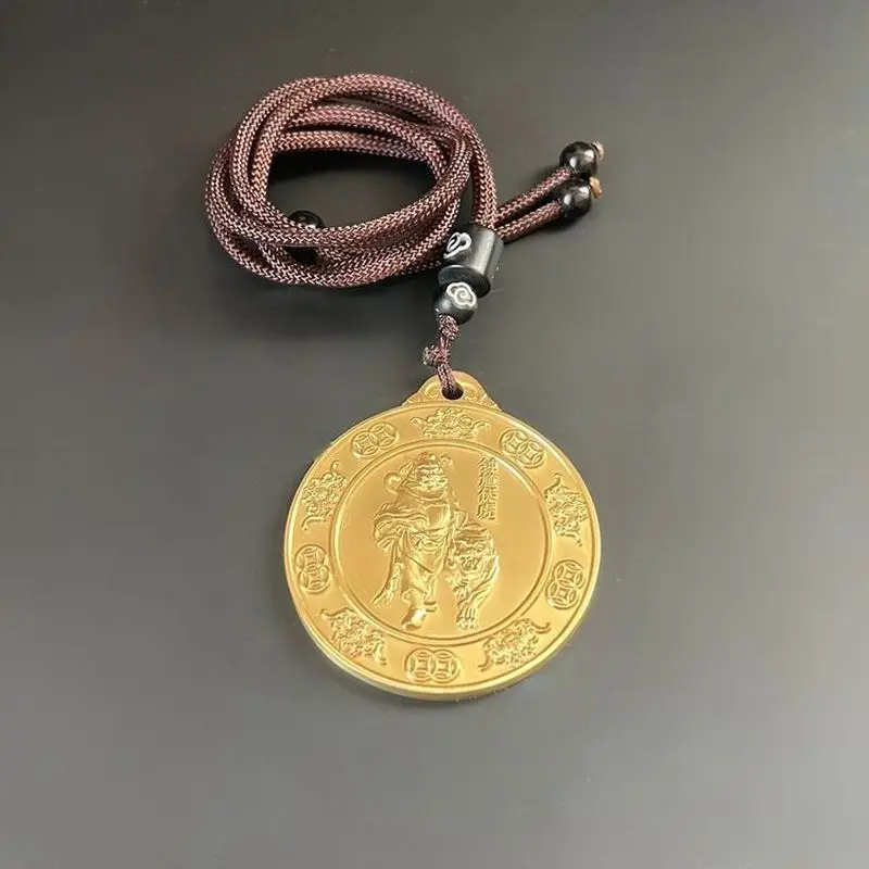 Pure copper Taoist pendant, featuring the image of Zhong Kui subduing a tiger, with a hundred blessings design, meticulously cra