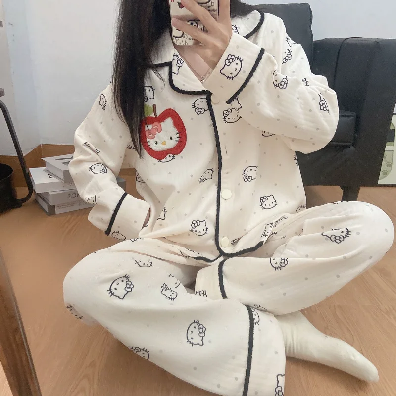 

Sanrio Hello Kitty Women's Sleeping Pajamas Sets Kawaii Cartoon Winter Long Sleeve Pants Warm Sleepwear Thick Style Home Clothes