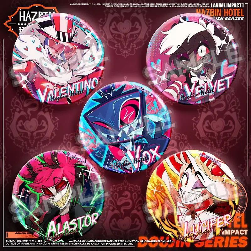 5 Stück Hazbin Hotel Anime Merchandise Alastor Vox Velvet Lucifer Morningstar Abzeichen Brosche Pin Sammlerstück Blechabzeichen für Fans