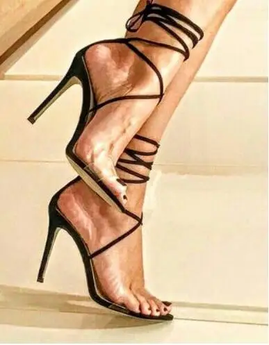 Free Shipping Women Summer Black Narrow Bands One Line Transparent PVC Cross Tied Lace Up Stiletto Heels Sandals Banquet Shoes