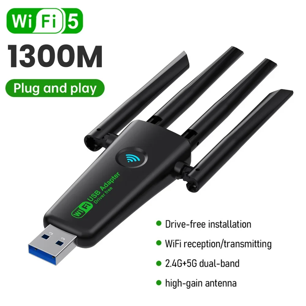 

1200Mbps WiFi USB Adapter Dual Band 2.4G+5Ghz Wi-Fi Dongle 4 Antenna 802.11AC USB3.0 High-Speed Wireless Card Receiver PC/Laptop