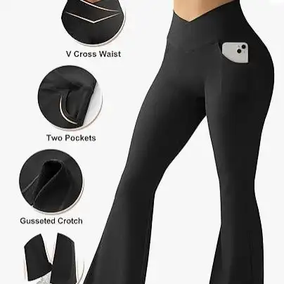 

2024 Hot Selling Women's Sexy Ribbed Cross Yoga Pants with Pockets and High Waisted Flared Pants