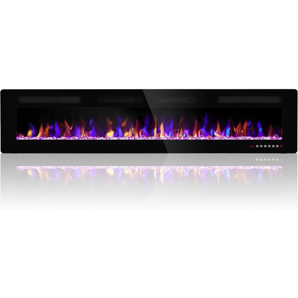 

72-дюймовый настенный или встраиваемый электрический камин, обогреватель мощностью 5100 БТЕ для помещений площадью до 410 квадратных футов, многоцветная функция пламени