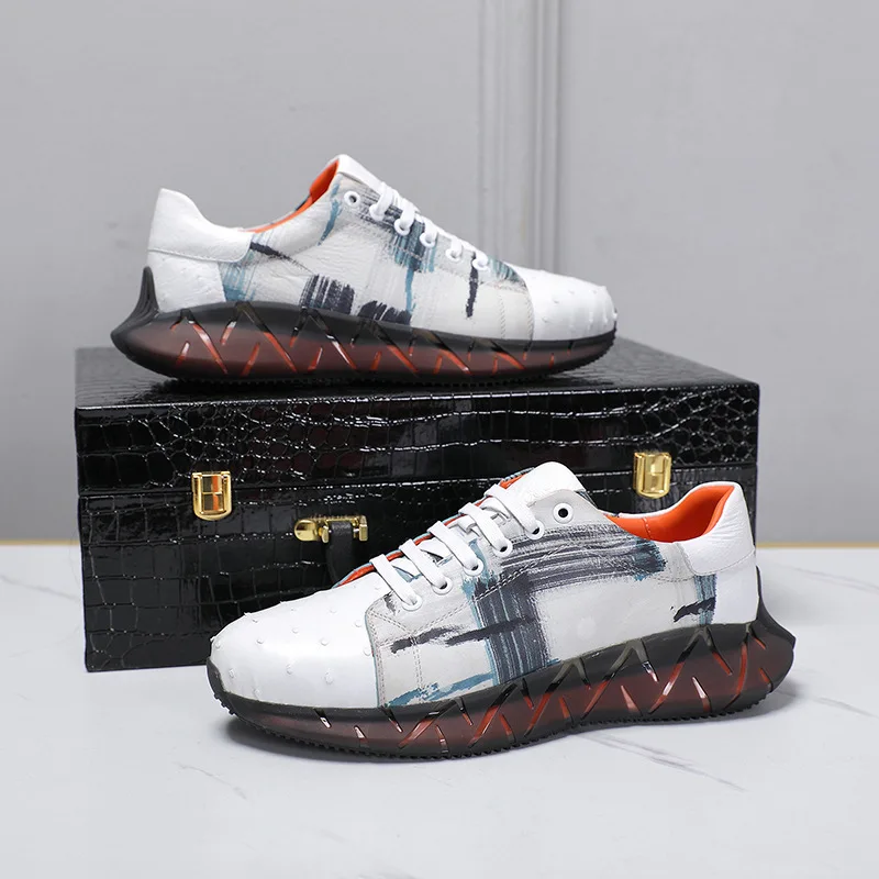 Men's New Hand-painted Ostrich Leather Casual Fashion Trend Lacing Spring/summer Korean Edition Sports Men Shoes  кроссовки мужс