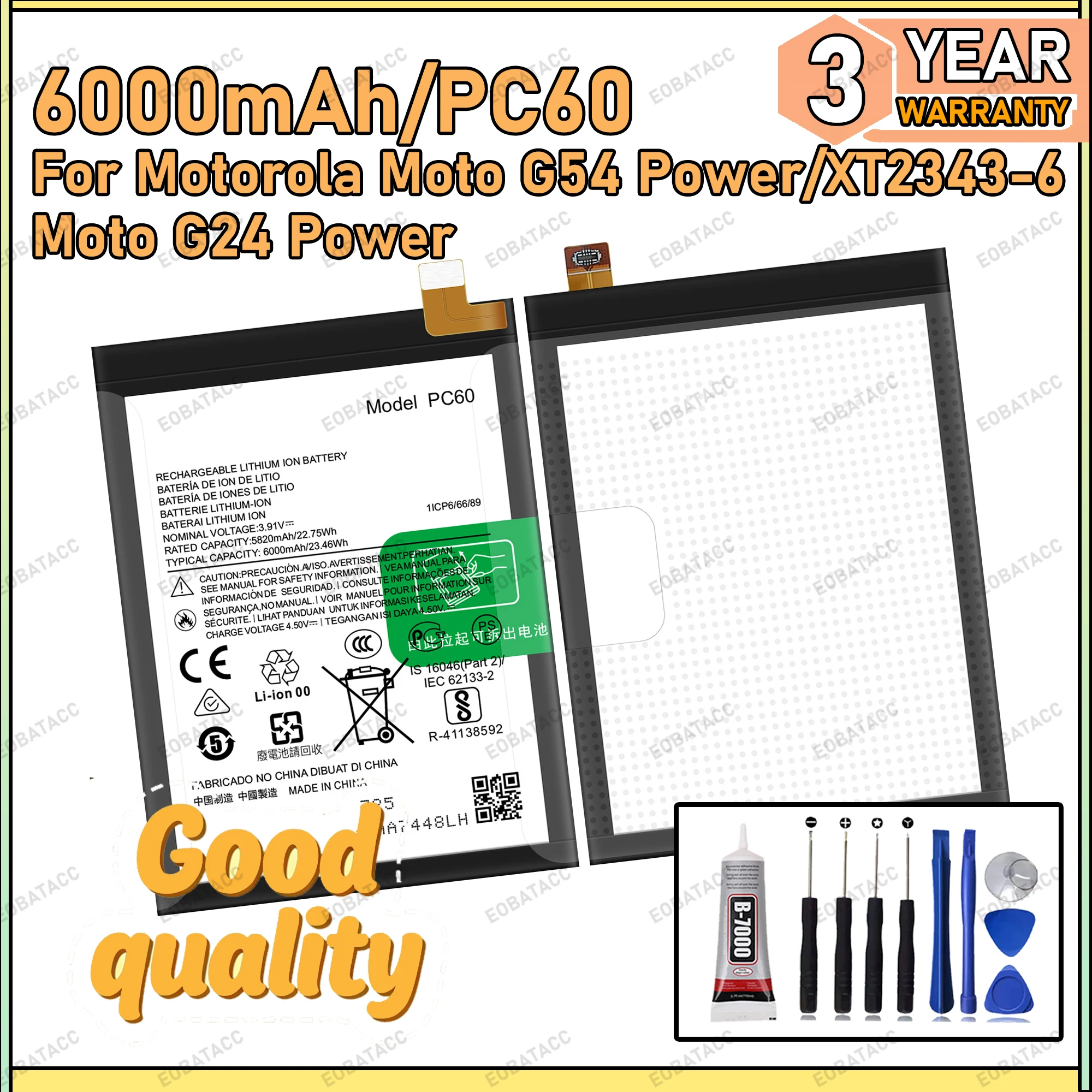 

100% New Zero Cycle PC60 Battery For Motorola Moto G54 Power/XT2343-6/Moto G24 Power Bateria Battery+Free Tools