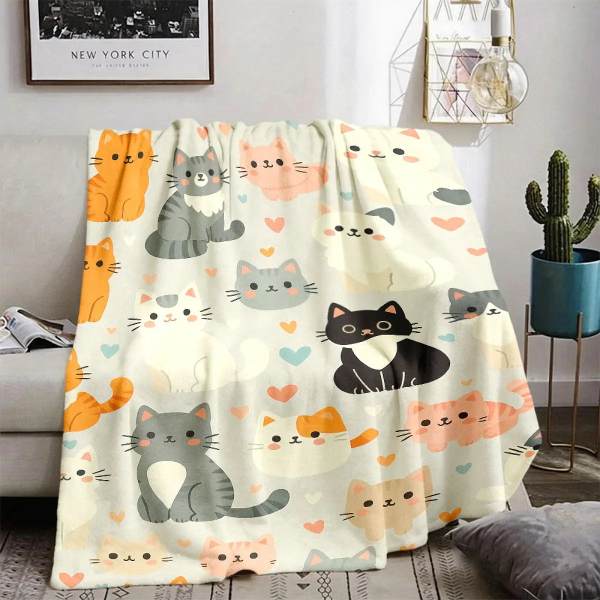 Kawaii Multicolor Cat Throw Blanket,Sweet Cartoon Kitty With Heart Flannel Blanket for Sofa Bed Home Decor Birthday Gift Options