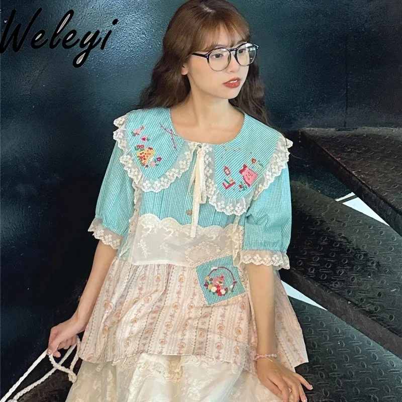 

Mori Style Woman Blue Plaid Doll Shirt 2024 Summer New Retro Color Embroidery Long Lantern Sleeve Floral Patchwork Top Ladies