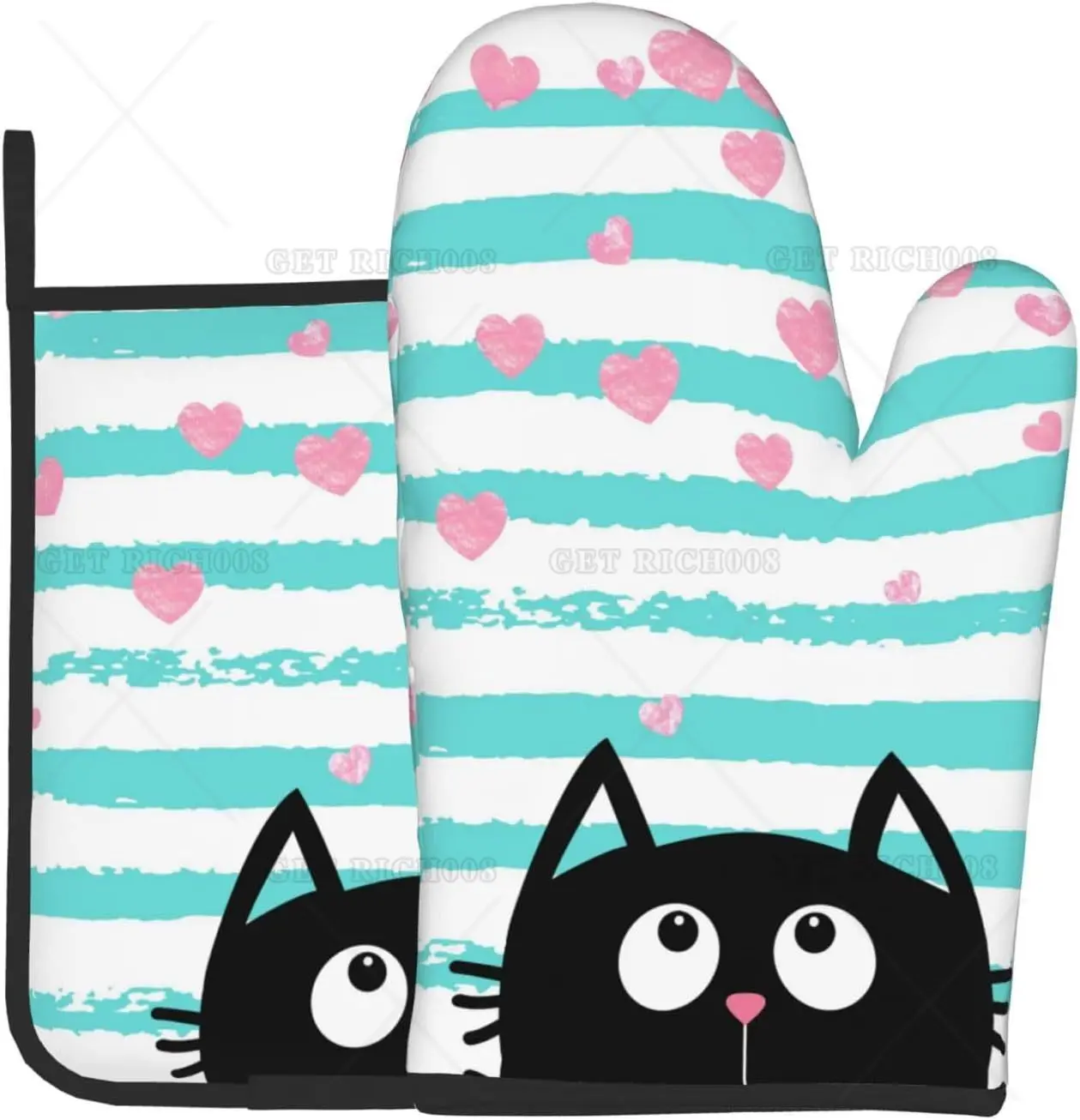 Black Cats Ofenhandschuhe und Topflappen, 2er-Set, hitzebeständige Mikrowellenhandschuhe, rutschfeste Topfunterlagen, Set zum Kochen in der Küche