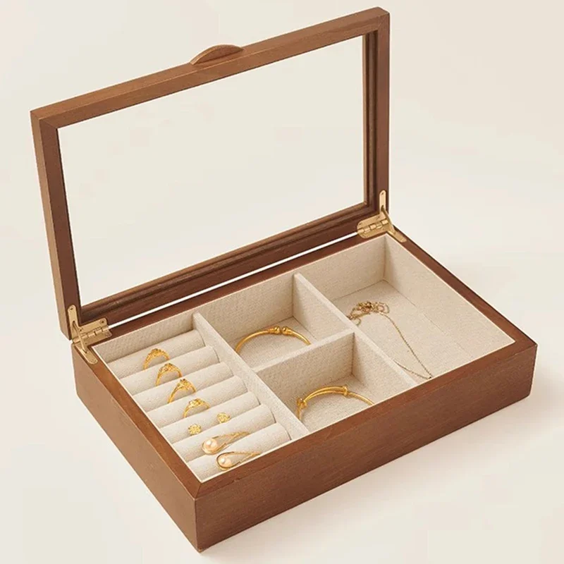 Solid Wood Ring Earrings Storage Jewelry Box Transparent Glass Cover Jewelry Organizer Display Boxes Bracelet Packaging Boxes