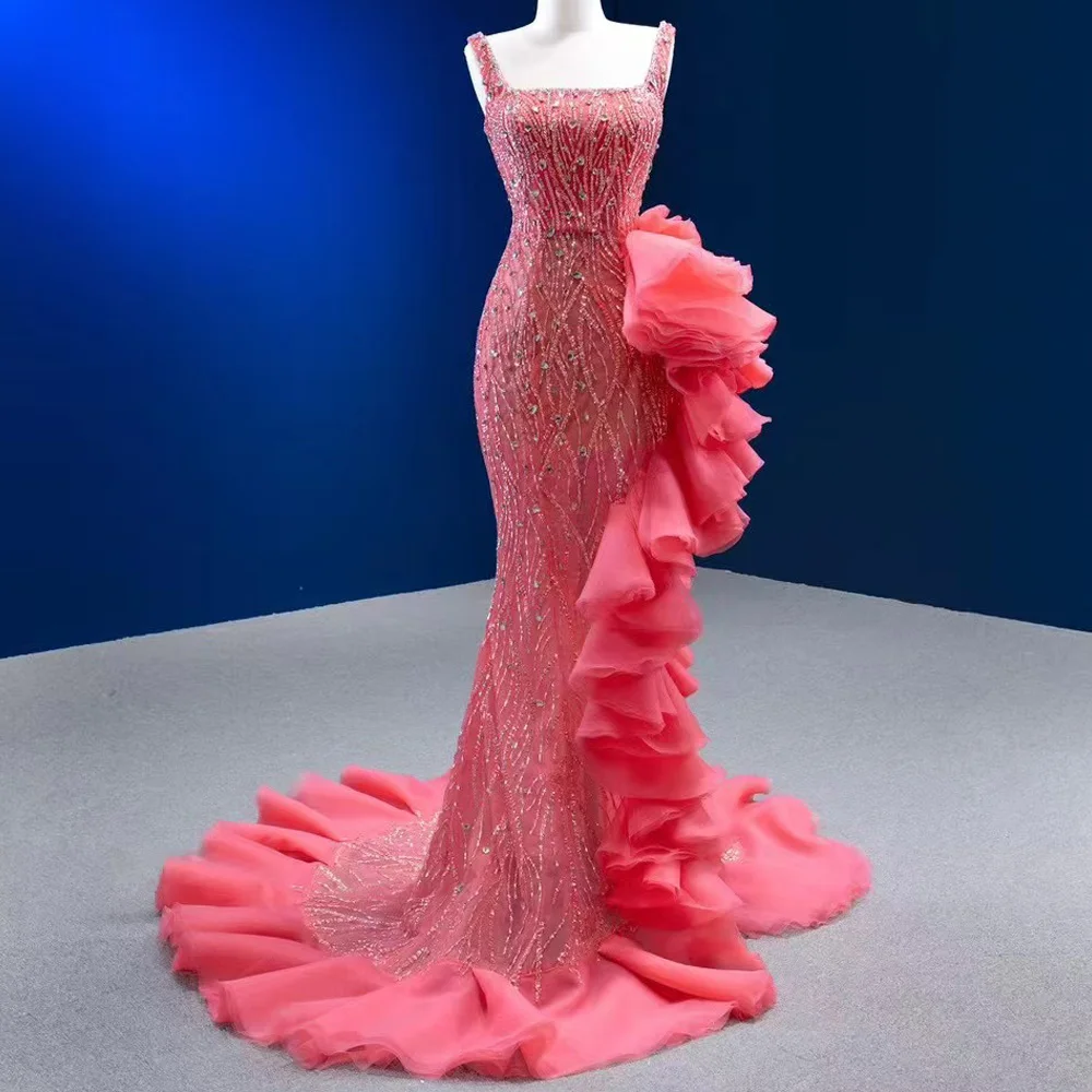 Rose Pink Square Collar Sleeveless Evening Dress Lace Up Back Crystal Sequined Sheath Customizable Prom Dress