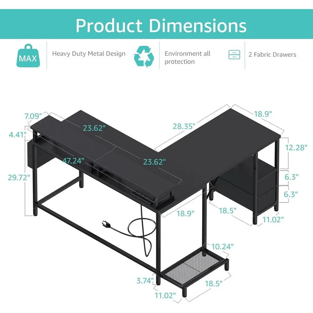 전원 콘센트가 있는 LED 조명 47 L자형 컴퓨터 책상, 모니터 스탠드와 패브릭 서랍이 있는 가정용 코너 사무실 책상, 블랙