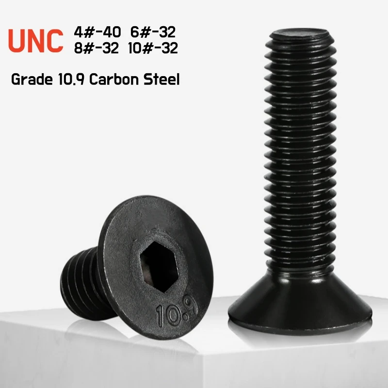 

10pcs UNC NUF 4#-40 6#-32 8#-32 10#-32 US Standard Grade 10.9 Black Steel Hex Hexagon Socket Flat Countersunk Head Bolt Screw