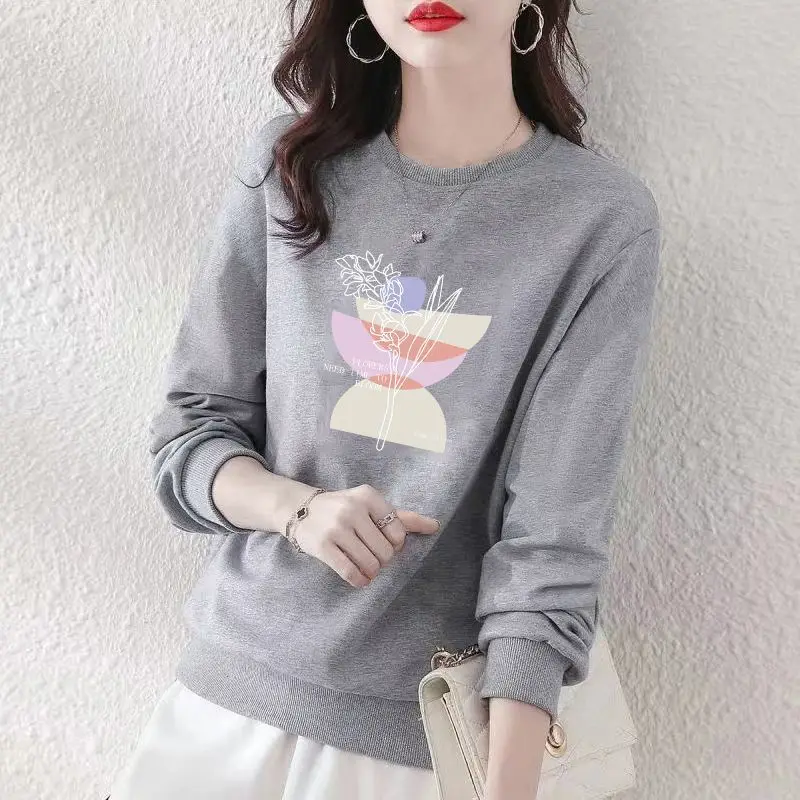 New Spring and Autumn Women\'s Solid Color O-Neck Long Sleeve Loose Thin Korean Printed Pullovers Classic Fashion Casual Tops