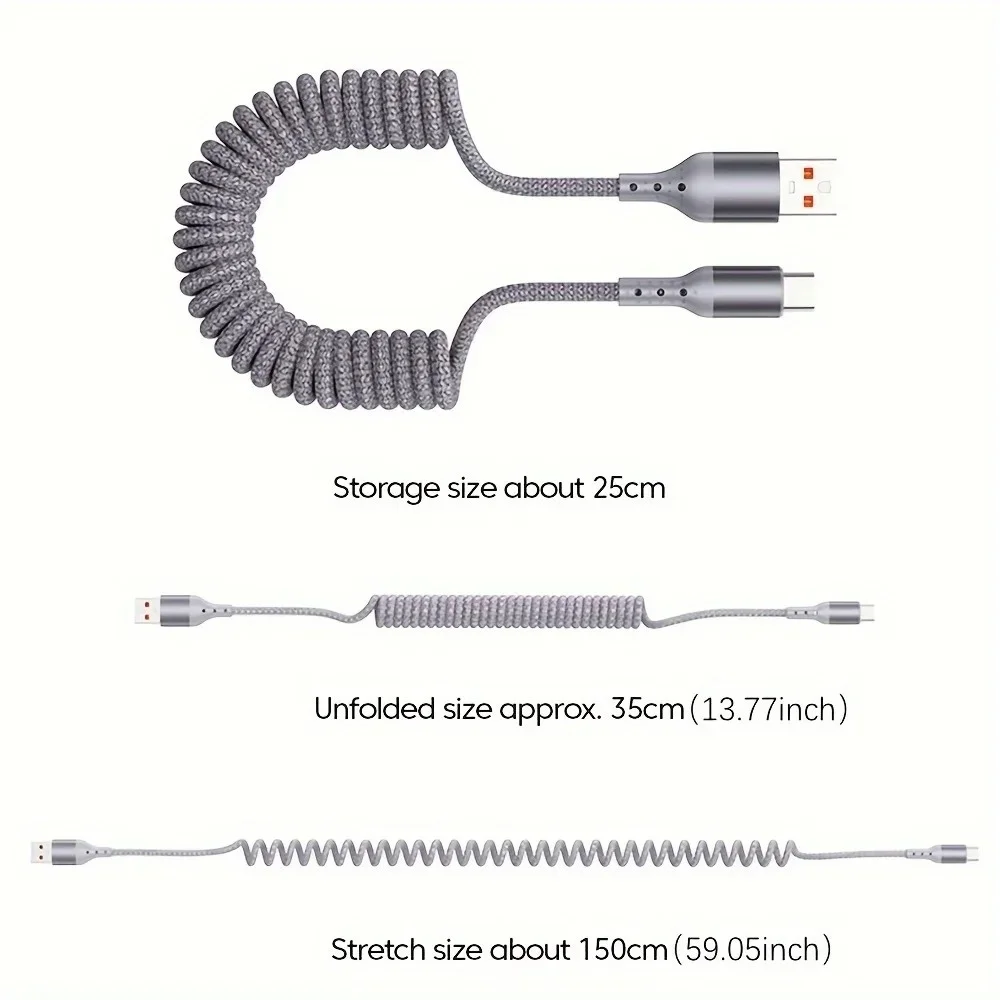 USB C Spring Car Charger Cable 100W PD Fast Charge Stretchable Braided For iPhone 15 16 17 Plus Pro Max Samsung Xiaomi CarPlay