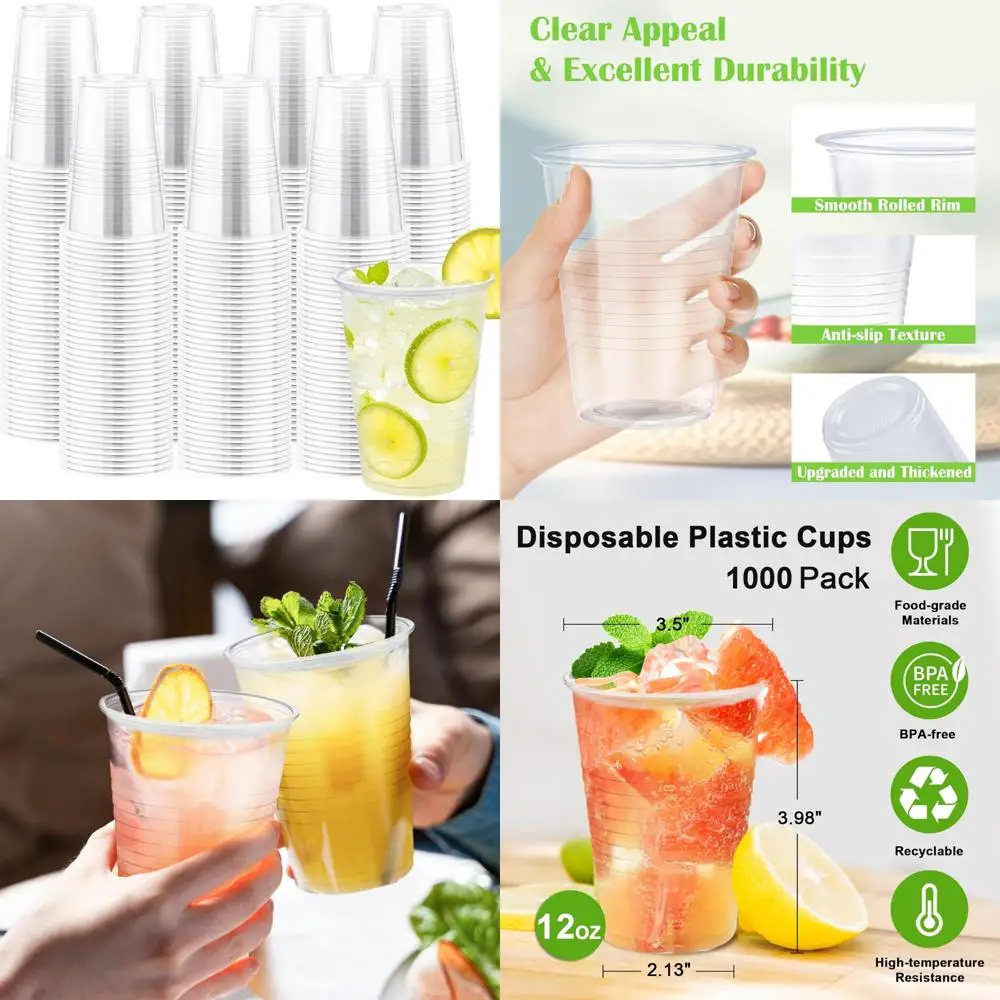 

12 oz Disposable Clear Plastic Cups - 1000 Pack for Cold Drinks, Ideal for Parties and Events