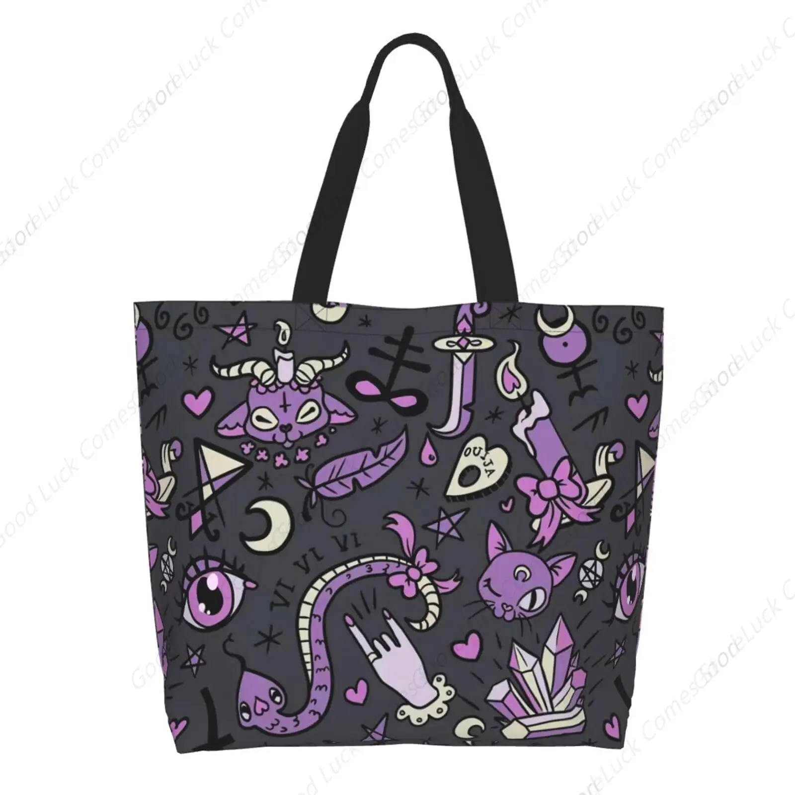 Magic Goth Gothic Spooky Grey Purple Large Tote Bag Simple Casual Portable Shoulder Bags Reusable Grocery Handbag For Women